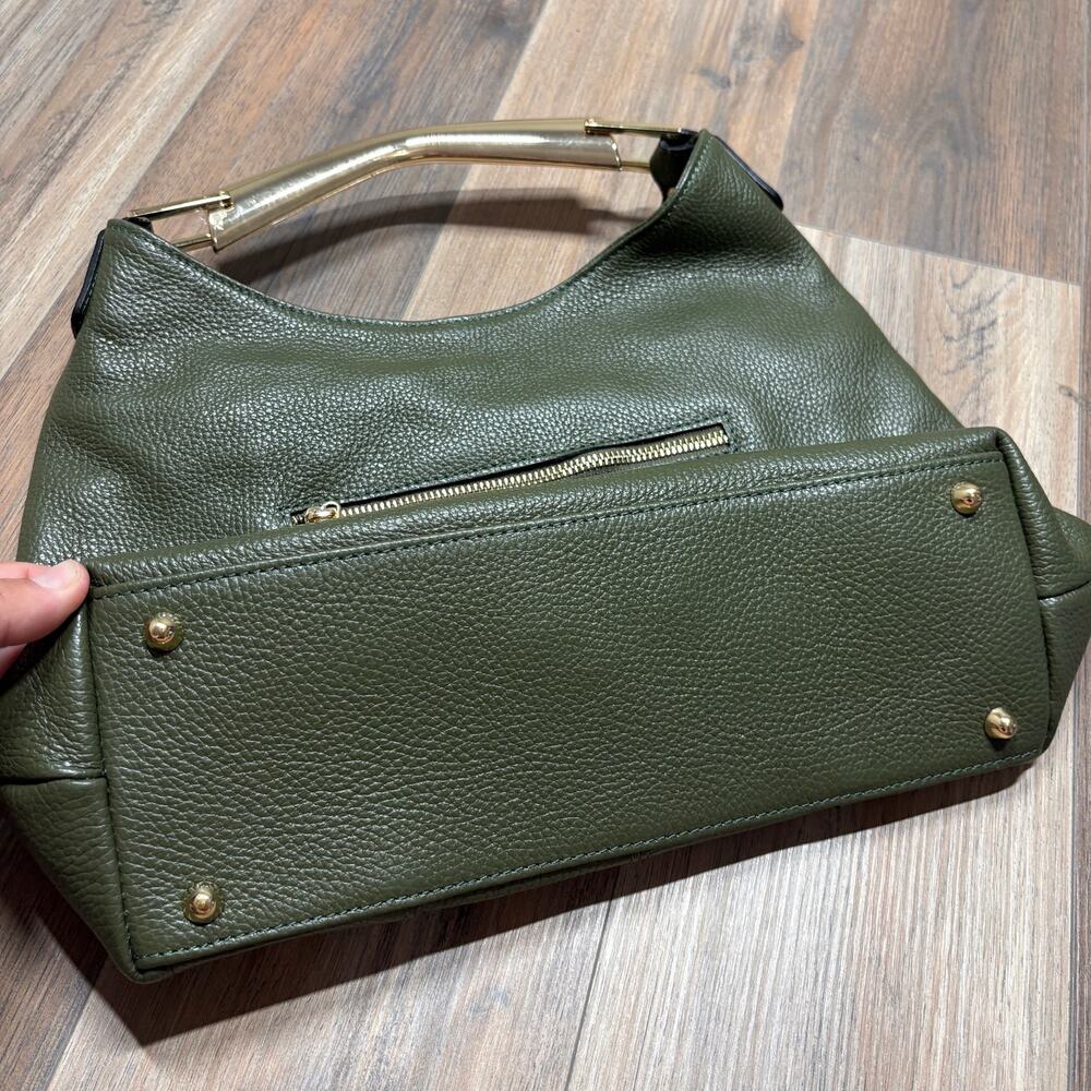 Vera Pelle Gold Top Handle Hobo Bag Army Green Genuine Leather Zip Pocket Italy - Picture 5 of 9
